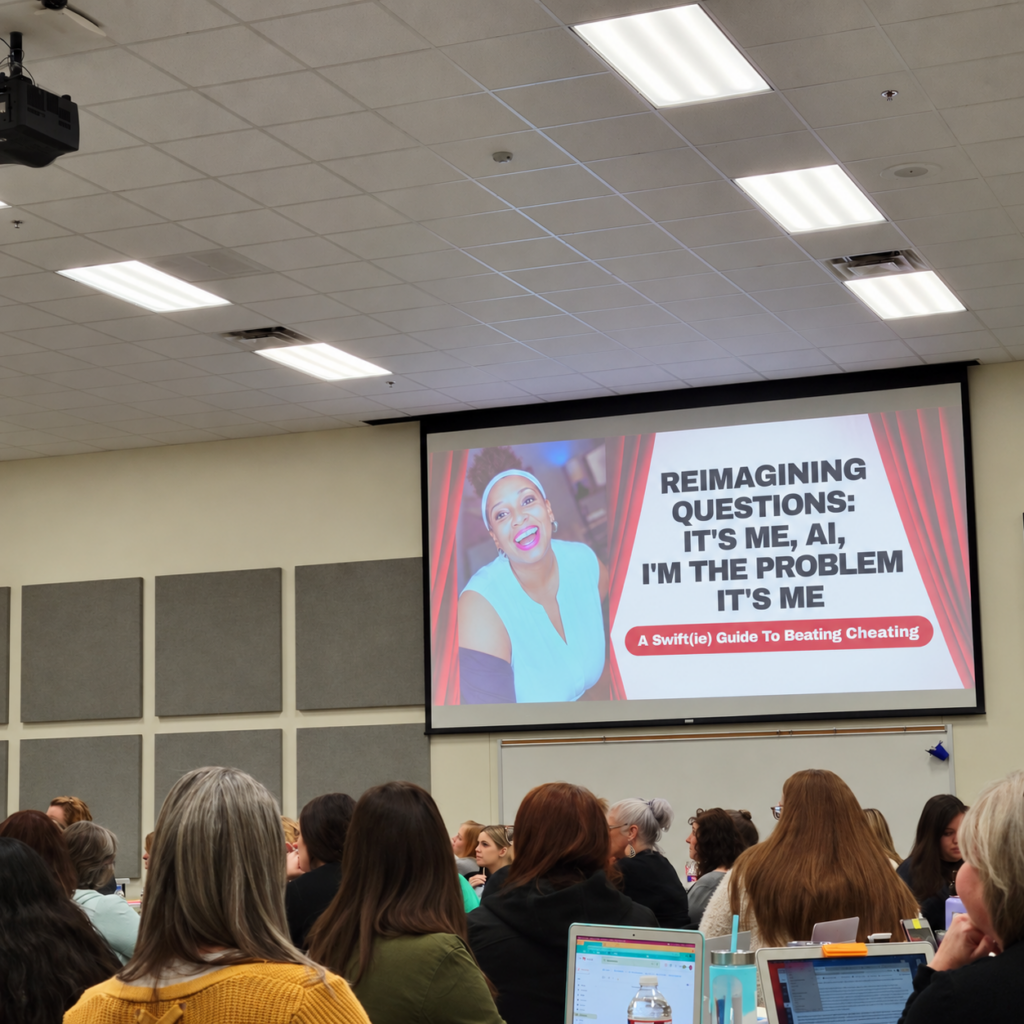 Educators attend a professional learning session as the screen displays Hedreich Nichols and her Reimagining Questions AI presentation.